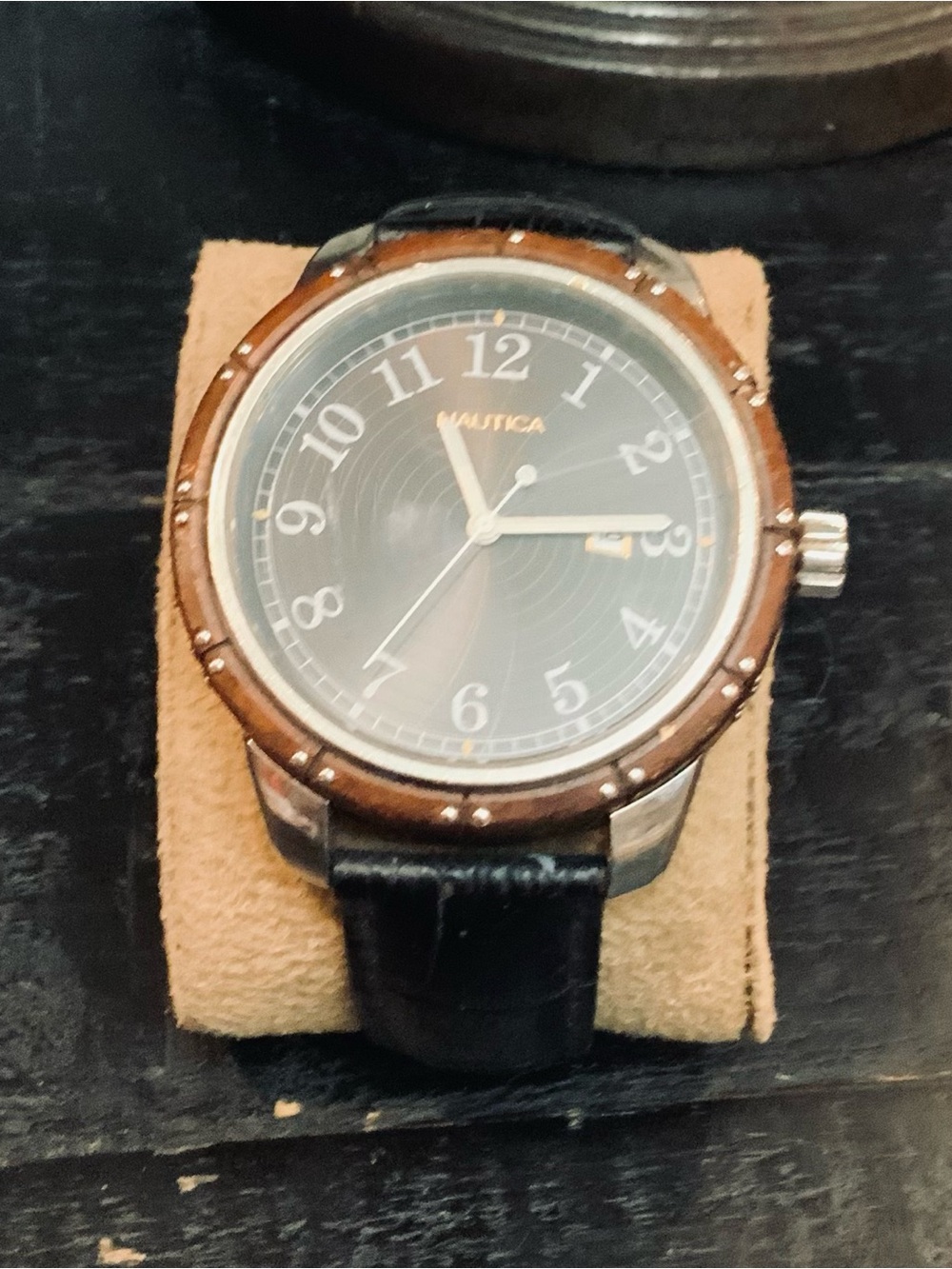Nautica Men's Brown Bezel Black Dial Leather Strap Watch